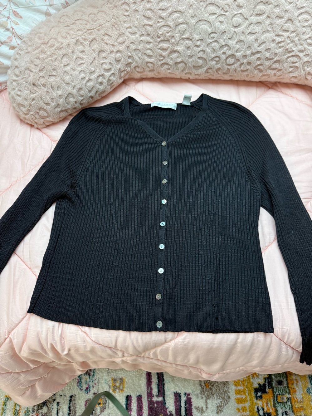 Valerie Stevens Black Ribbed Button-Front Cardigan